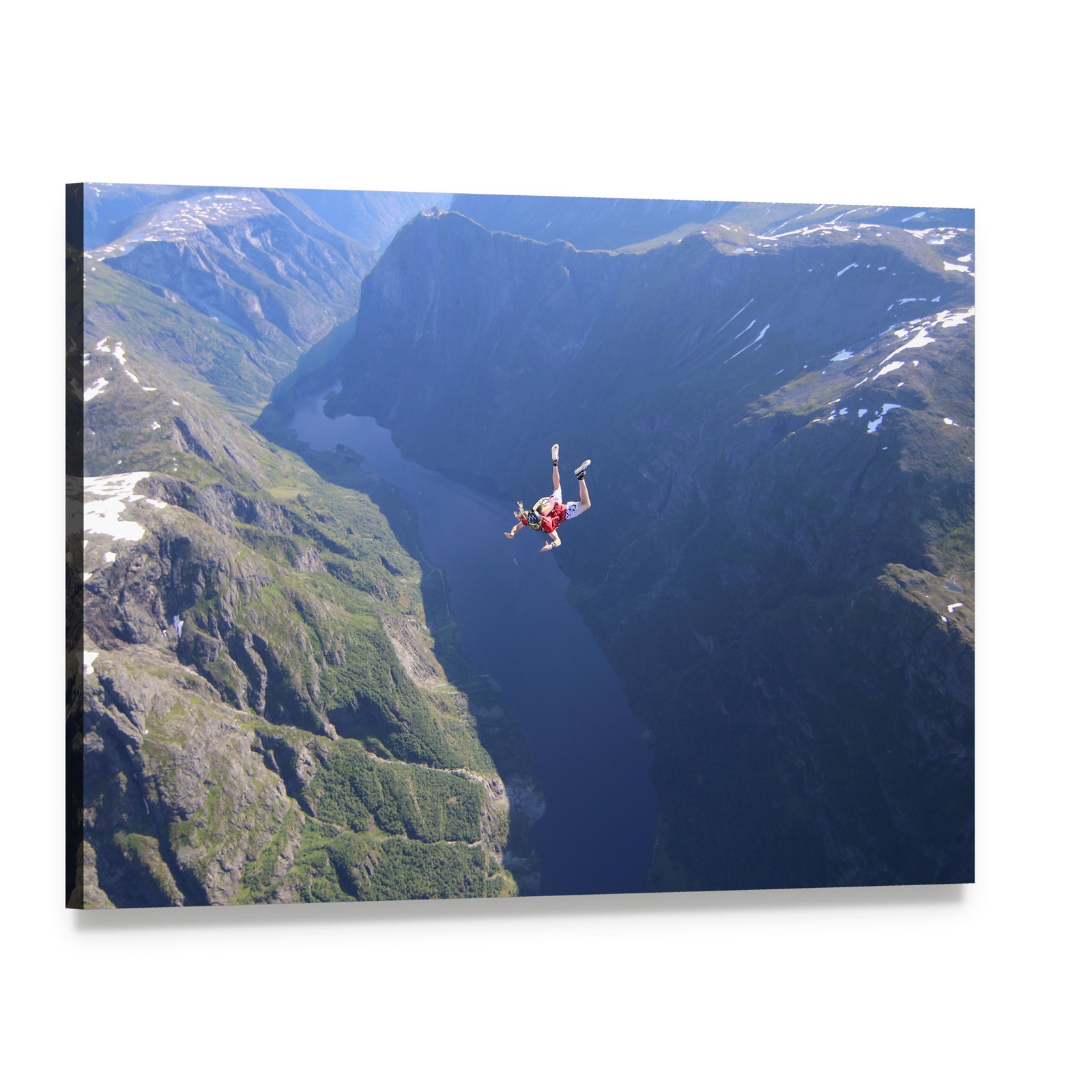 Skydiver Soaring Over Mountains Canvas Wall Art, single panel gallery wrapped canvas, angled product view