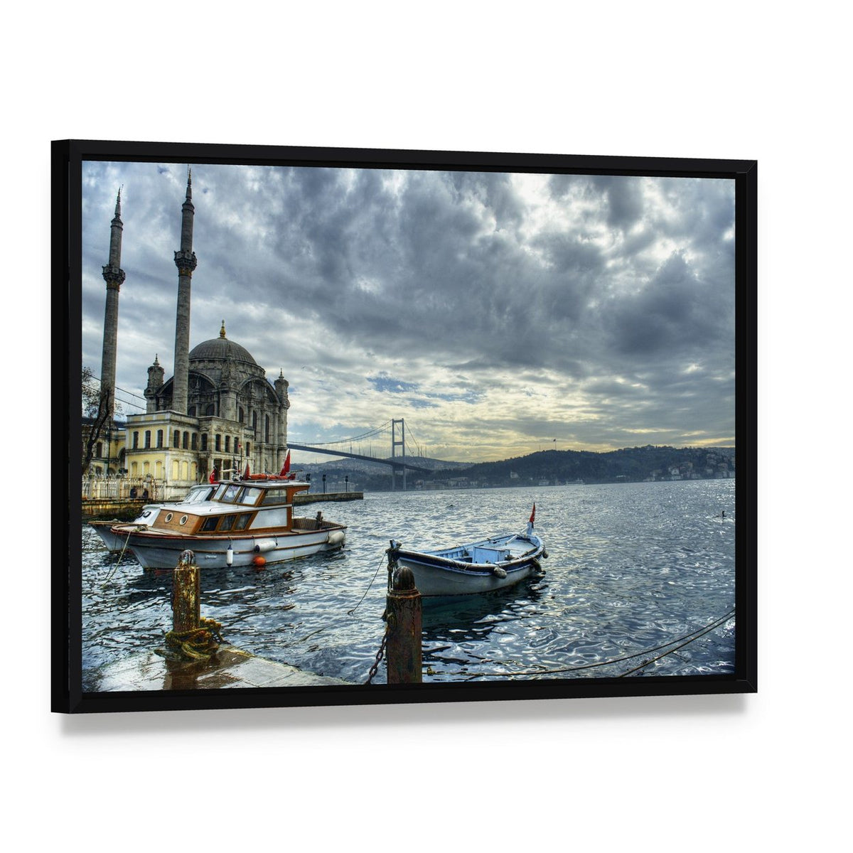 Ortakoy Mosque Istanbul Canvas Wall Art, framed canvas in a black floater frame, angled product view