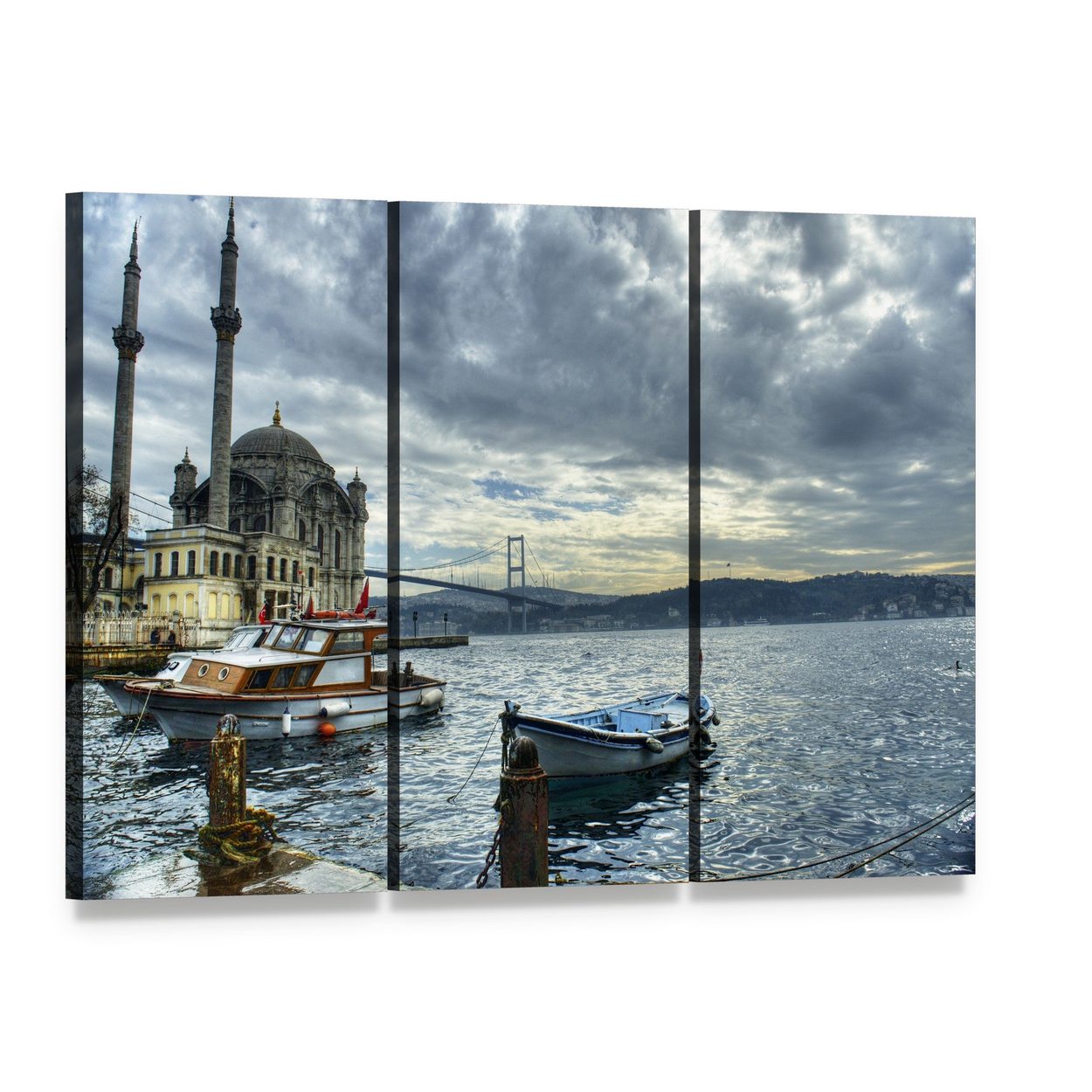 Ortakoy Mosque Istanbul Canvas Wall Art, 3 panel 3 Horizontal layout gallery wrapped canvas set, angled product view