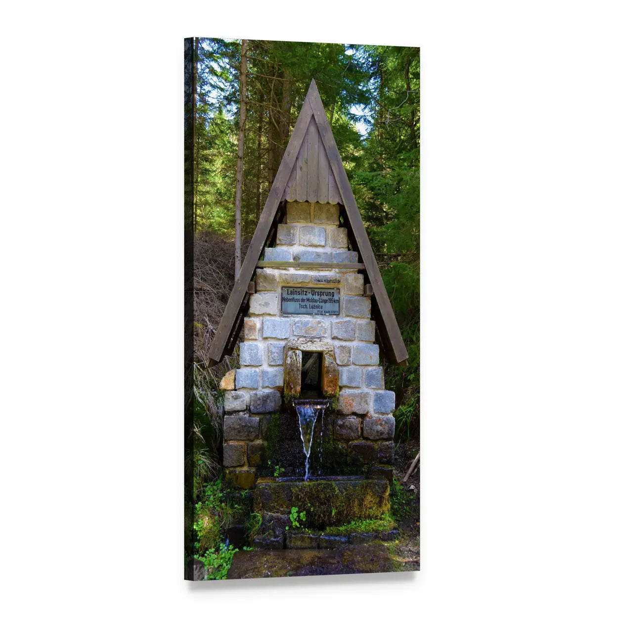Mossy Stone Springhouse in Green Forest Vertical Canvas Wall Art, 1 panel 1 Vertical layout gallery wrapped canvas set, angled product view