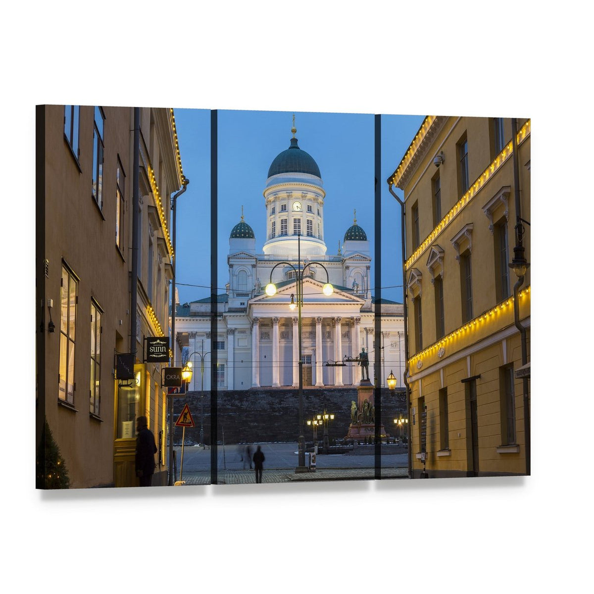 Lutheran Cathedral at Dusk Canvas Wall Art, 3 panel 3 Horizontal layout gallery wrapped canvas set, angled product view