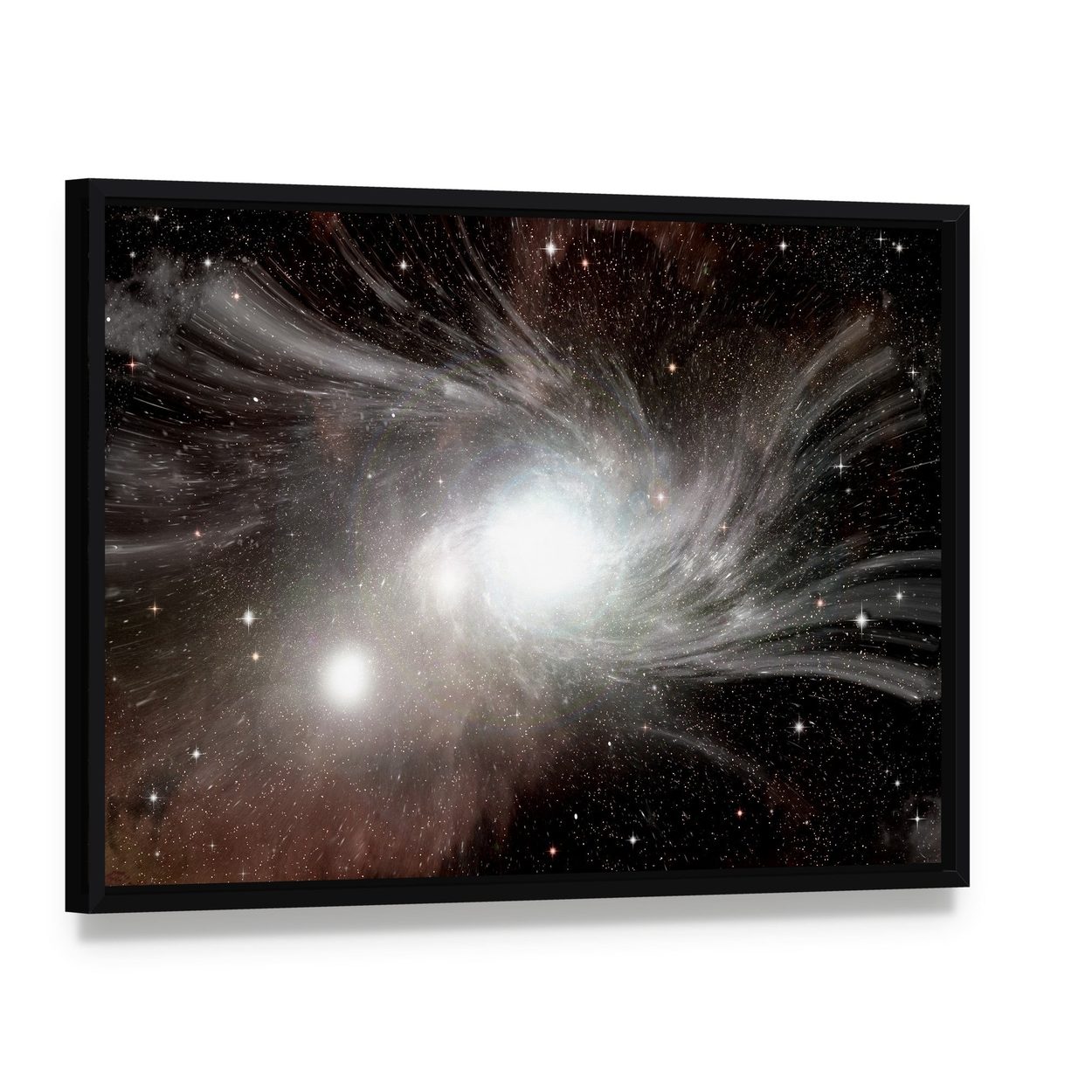 Young Spiral Galaxy with Dwarf Galaxy Canvas Wall Art, framed canvas in a black floater frame, angled product view