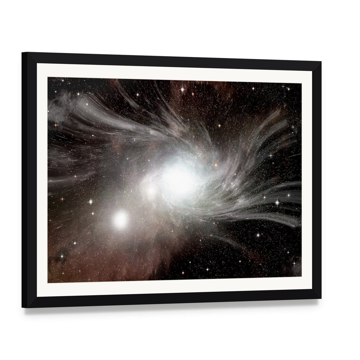 Young Spiral Galaxy with Dwarf Galaxy Canvas Wall Art, framed print with white mat and black frame, angled product view