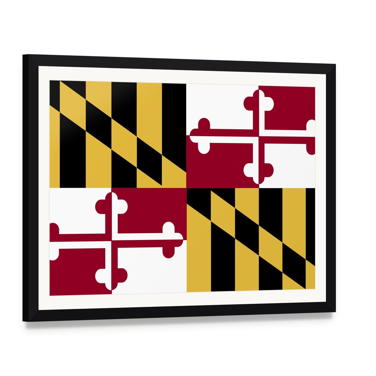 Maryland Flag Quadrant Design Canvas Wall Art, framed print with white mat and black frame, angled product view