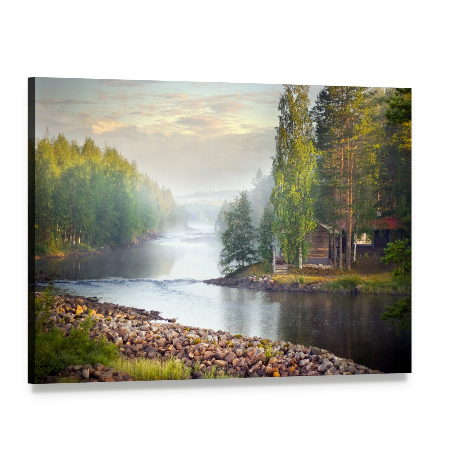 Fog Over River Canvas Wall Art, single panel gallery wrapped canvas, angled product view