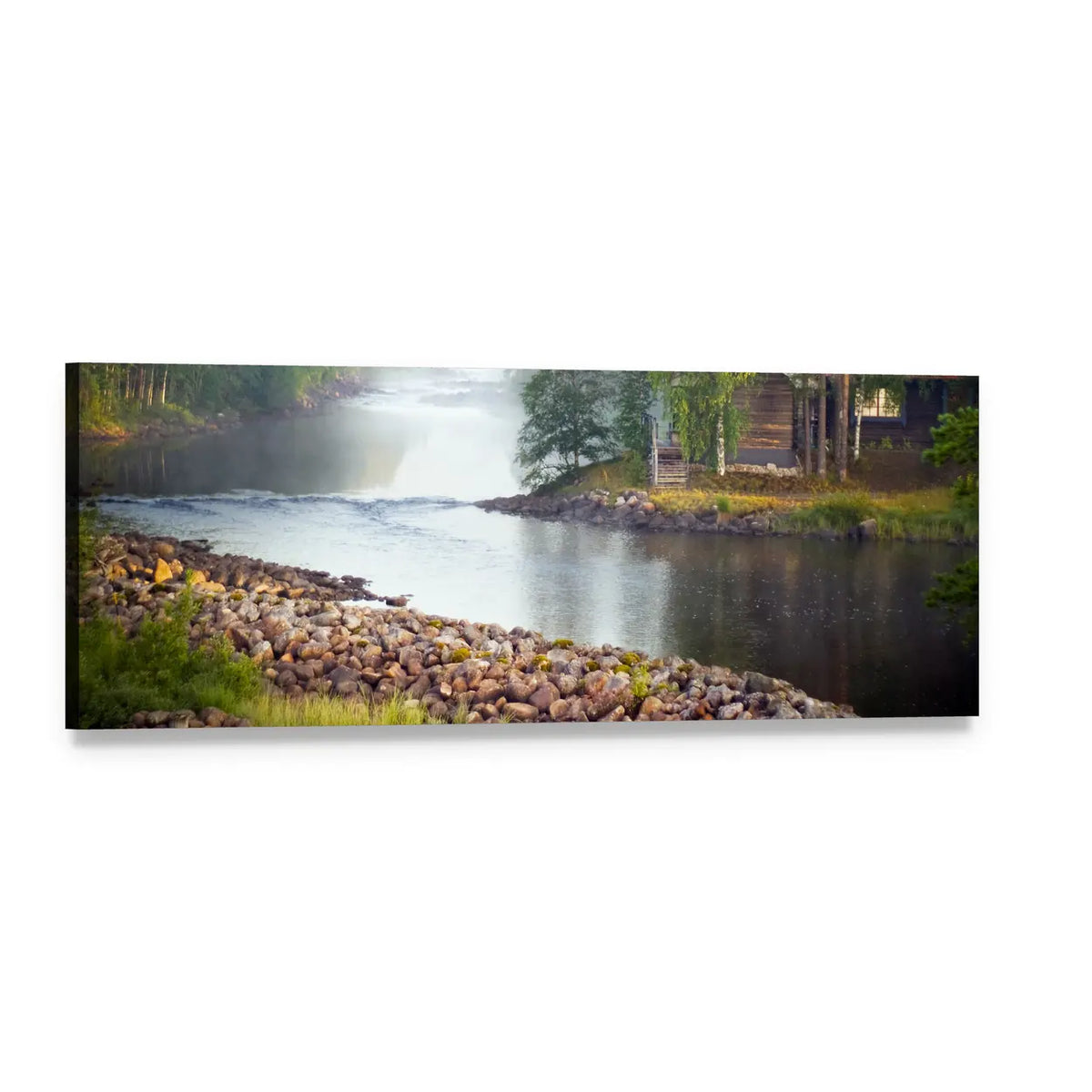 Fog Over River with Rustic Cabin Panoramic Canvas Wall Art, single panel gallery wrapped canvas, angled product view