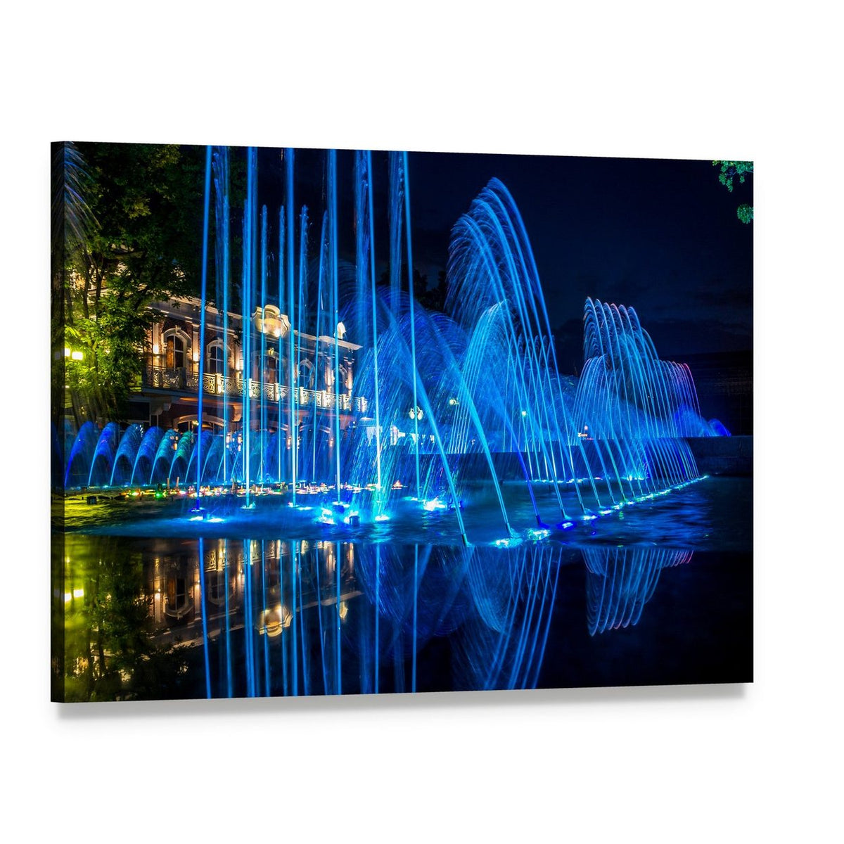 Vibrant Blue Fountains at Night Canvas Wall Art, single panel gallery wrapped canvas, angled product view