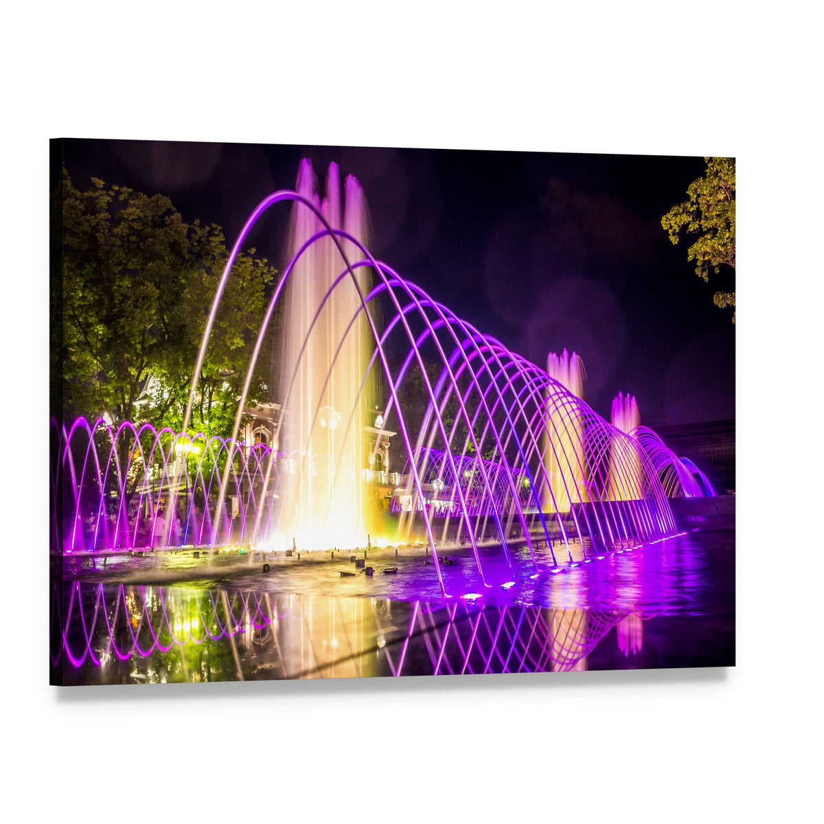 Illuminated Purple Fountains at Night Canvas Wall Art, single panel gallery wrapped canvas, angled product view