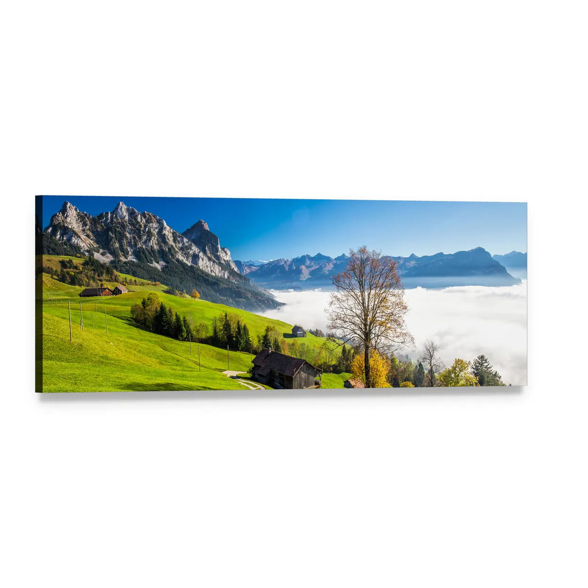 Morning Fog Over Mountain Peaks and Chalets Panoramic Canvas Wall Art, single panel gallery wrapped canvas, angled product view