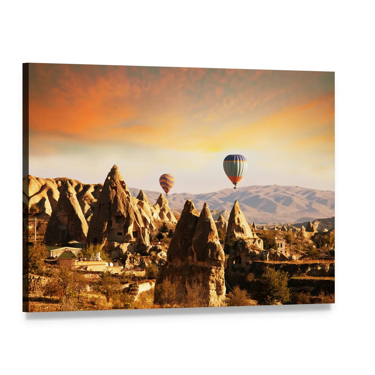 Hot Air Balloons Over Cappadocia Canvas Wall Art, single panel gallery wrapped canvas, angled product view
