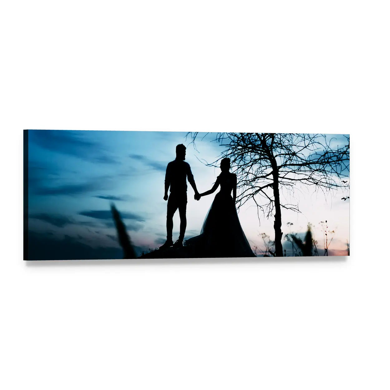 Couple Holding Hands at Dusk Panoramic Canvas Wall Art, single panel gallery wrapped canvas, angled product view