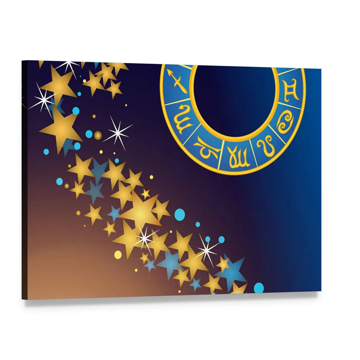 Golden Zodiac Wheel in Starfield Canvas Wall Art, single panel gallery wrapped canvas, angled product view