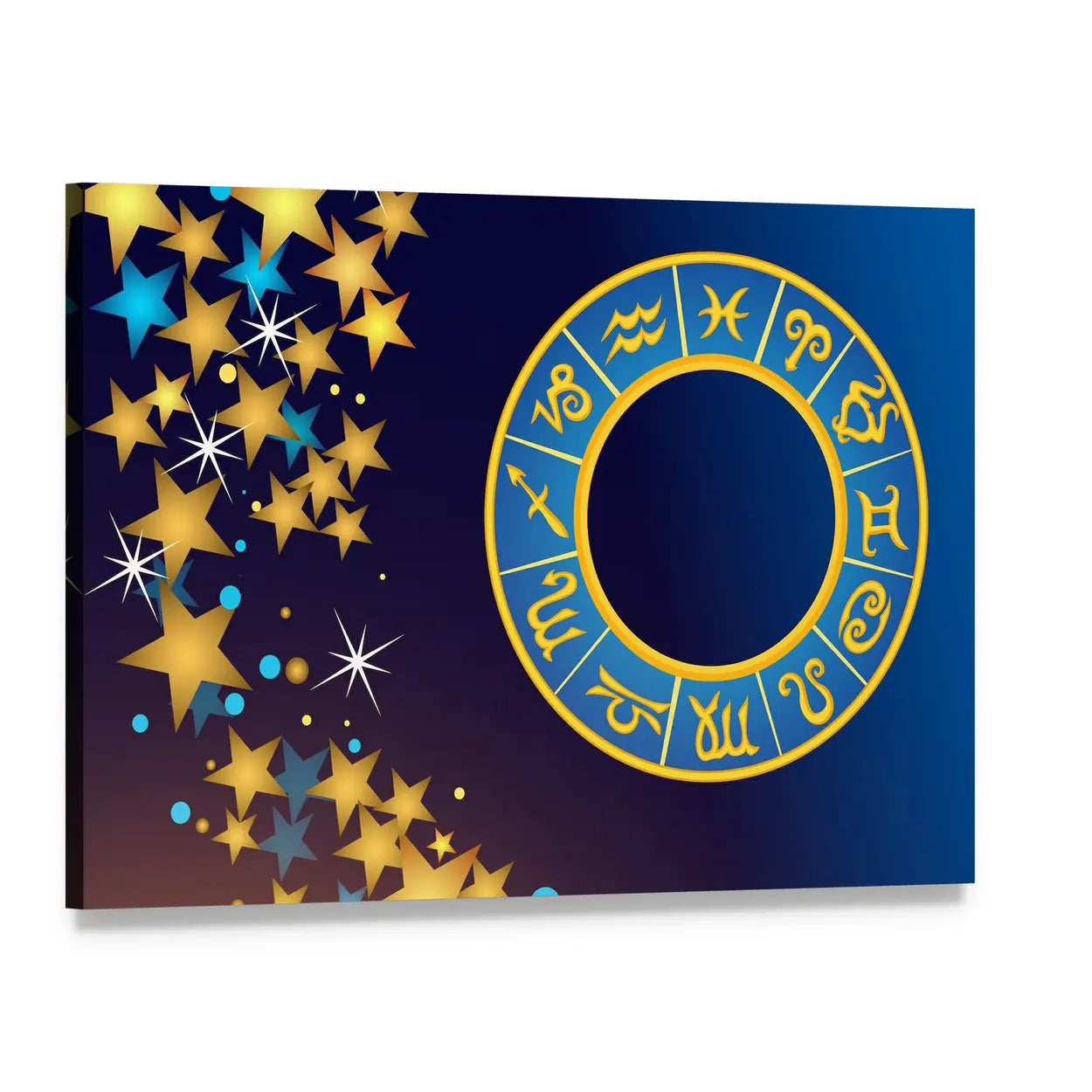 Golden Zodiac Wheel on Deep Blue Canvas Wall Art, single panel gallery wrapped canvas, angled product view