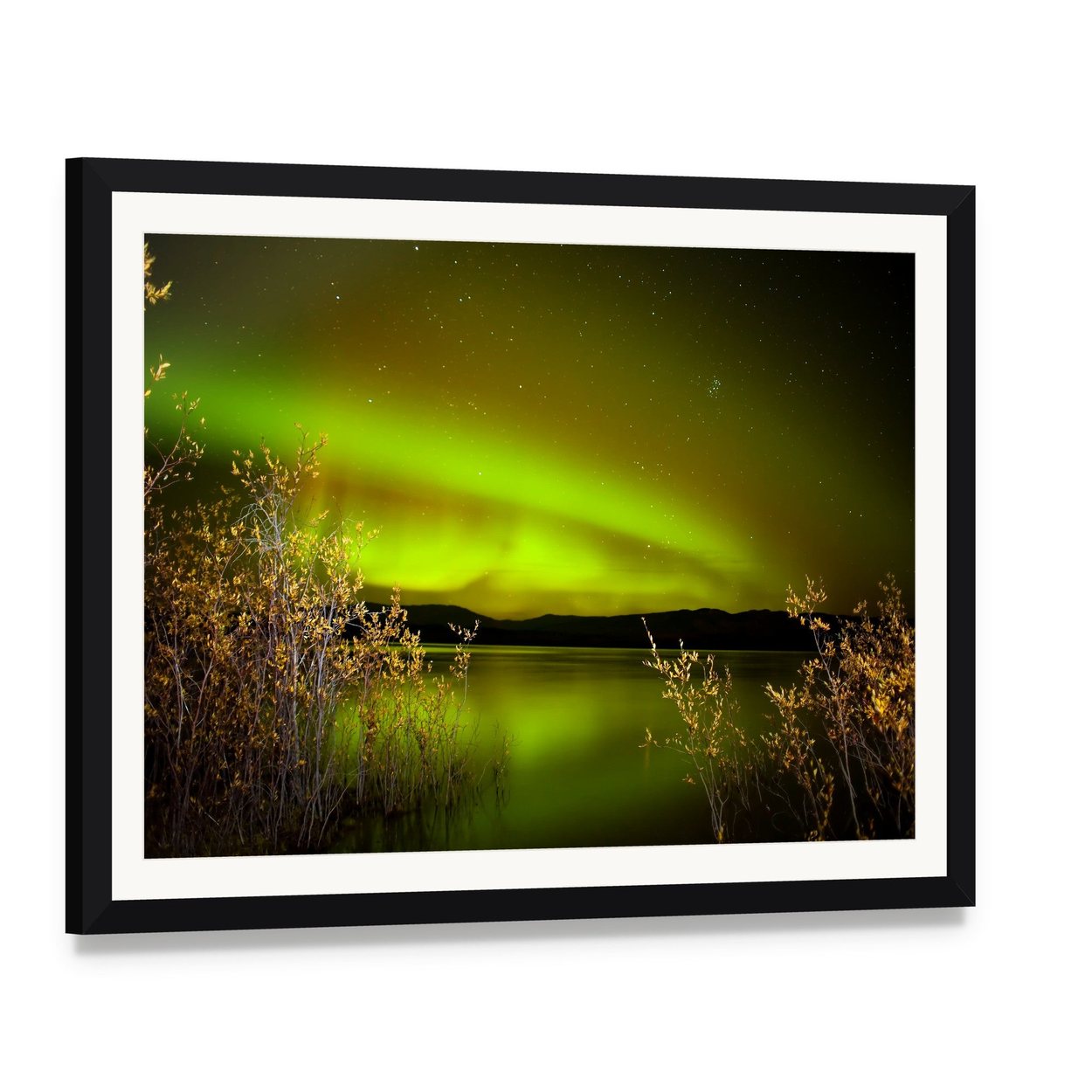 Northern Lights Over Lake Canvas Wall Art, framed print with white mat and black frame, angled product view
