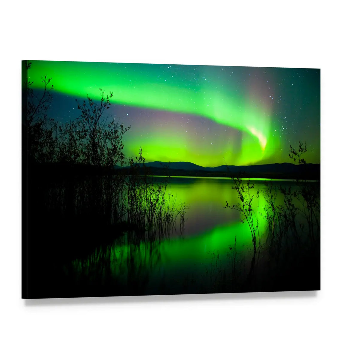 Aurora Borealis Over Reflective Lake Canvas Wall Art, single panel gallery wrapped canvas, angled product view