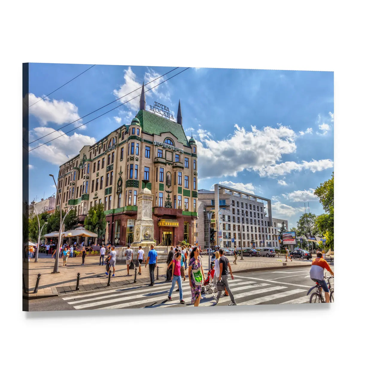 Hotel with Green Pointed Roof on Busy Street Canvas Wall Art, single panel gallery wrapped canvas, angled product view