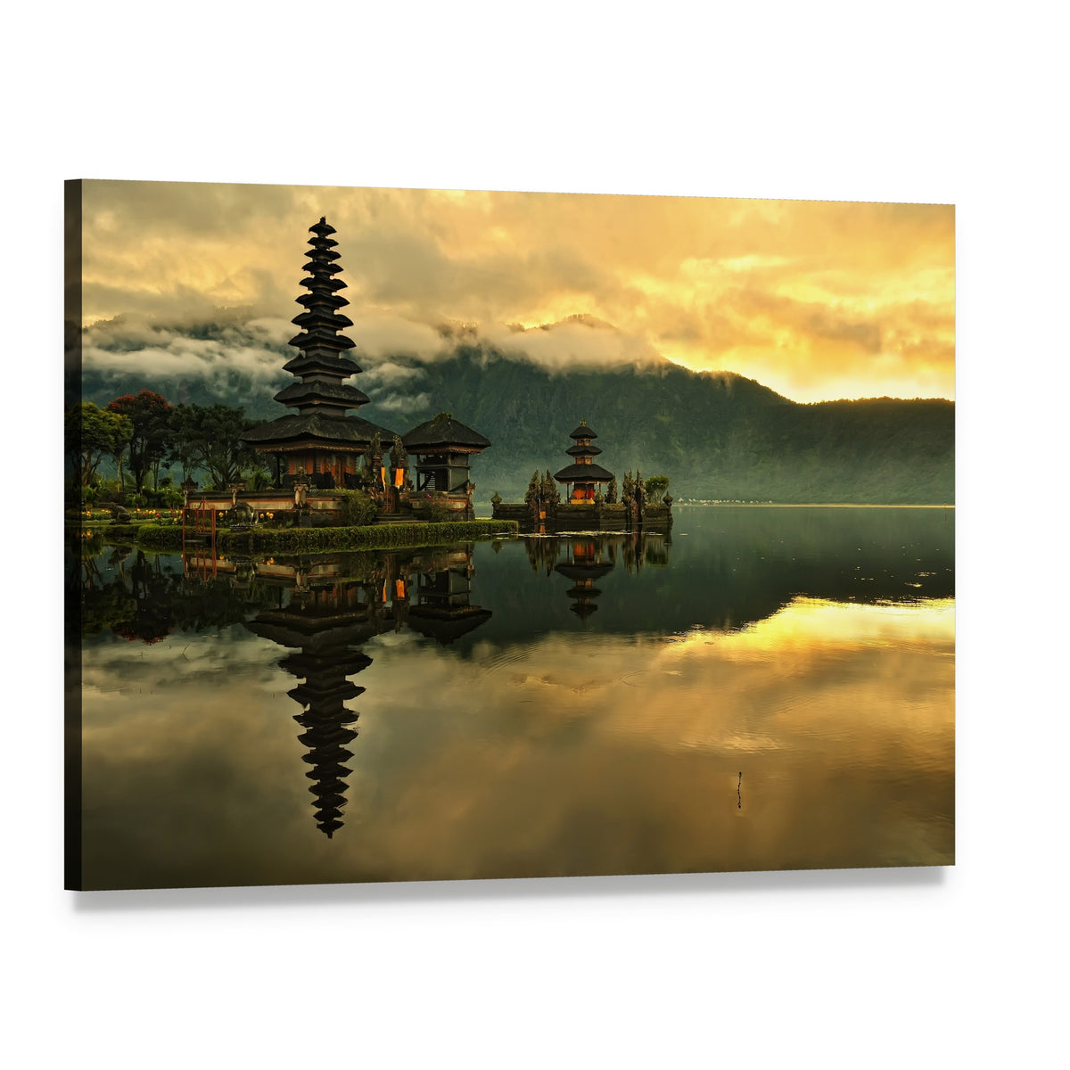 Bratan Water Temple at Sunrise Canvas Wall Art, single panel gallery wrapped canvas, angled product view