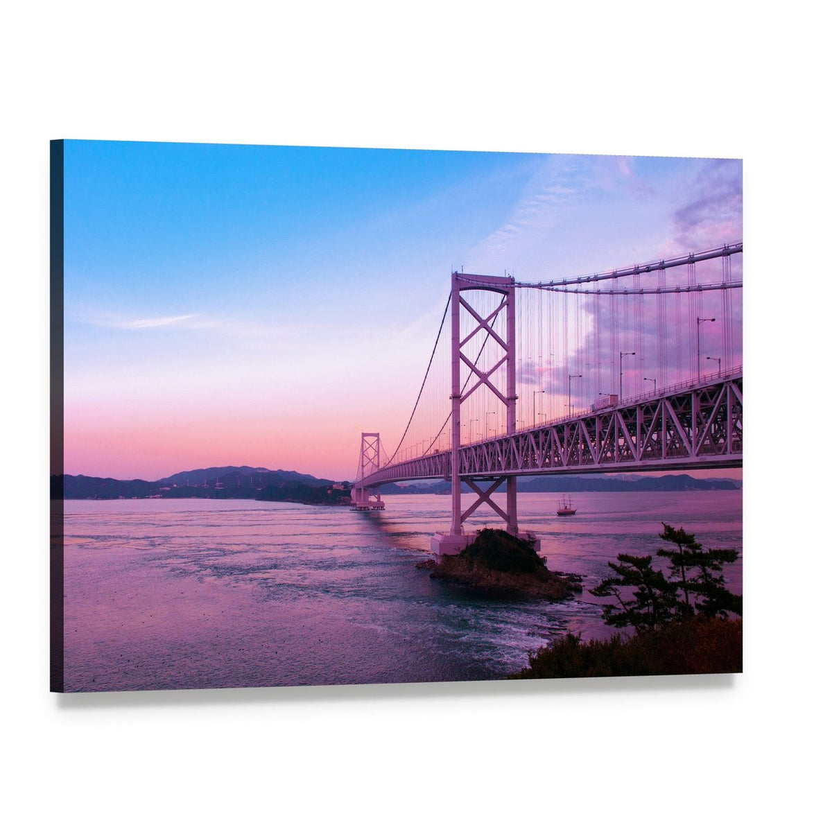 Sunset Over Suspension Bridge Canvas Wall Art, single panel gallery wrapped canvas, angled product view