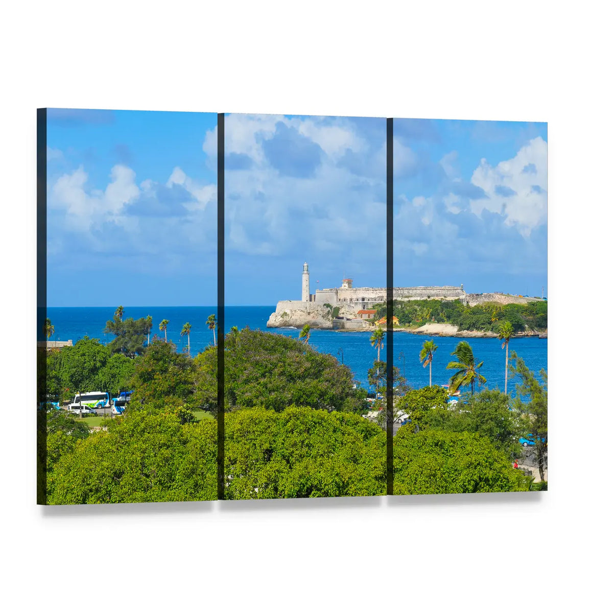 Sierra Morro Castle, Havana Cuba Canvas Wall Art, 3 panel 3 Horizontal layout gallery wrapped canvas set, angled product view