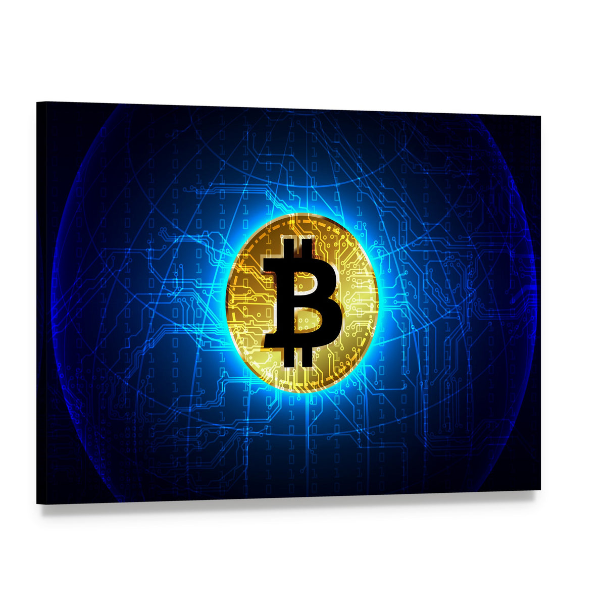 Futuristic Glowing Bitcoin Network Canvas Wall Art, single panel gallery wrapped canvas, angled product view