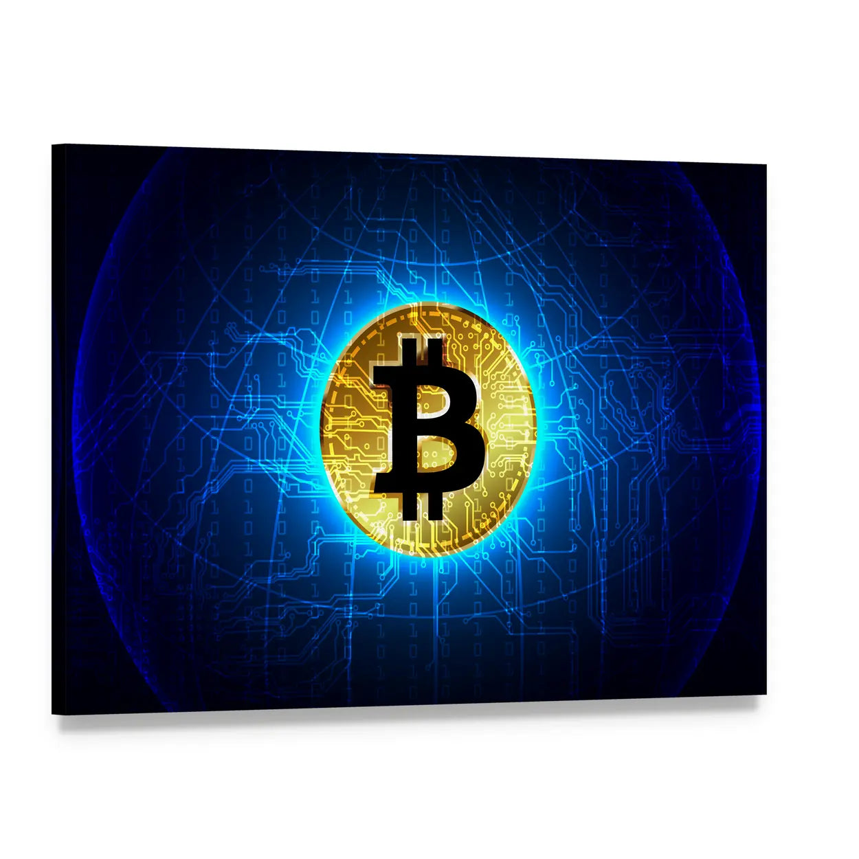 Bitcoin Digital Sphere with Circuit Globe Canvas Wall Art, single panel gallery wrapped canvas, angled product view