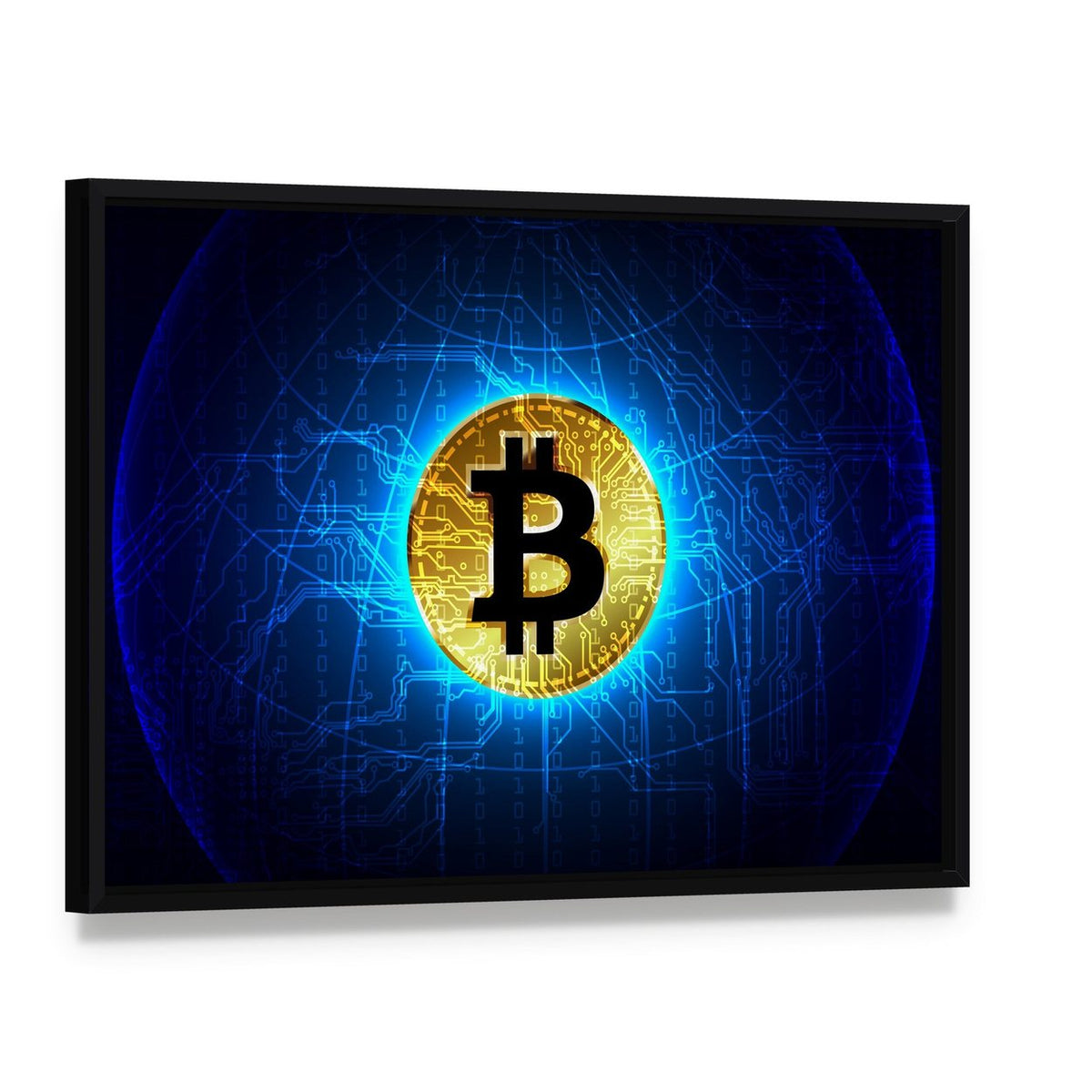 Futuristic Glowing Bitcoin Network Canvas Wall Art, framed canvas in a black floater frame, angled product view