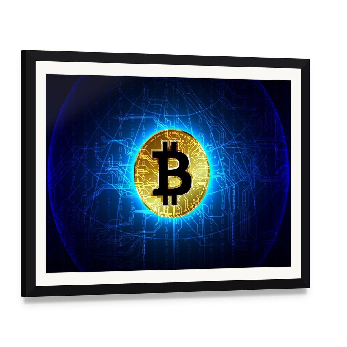 Futuristic Glowing Bitcoin Network Canvas Wall Art, framed print with white mat and black frame, angled product view