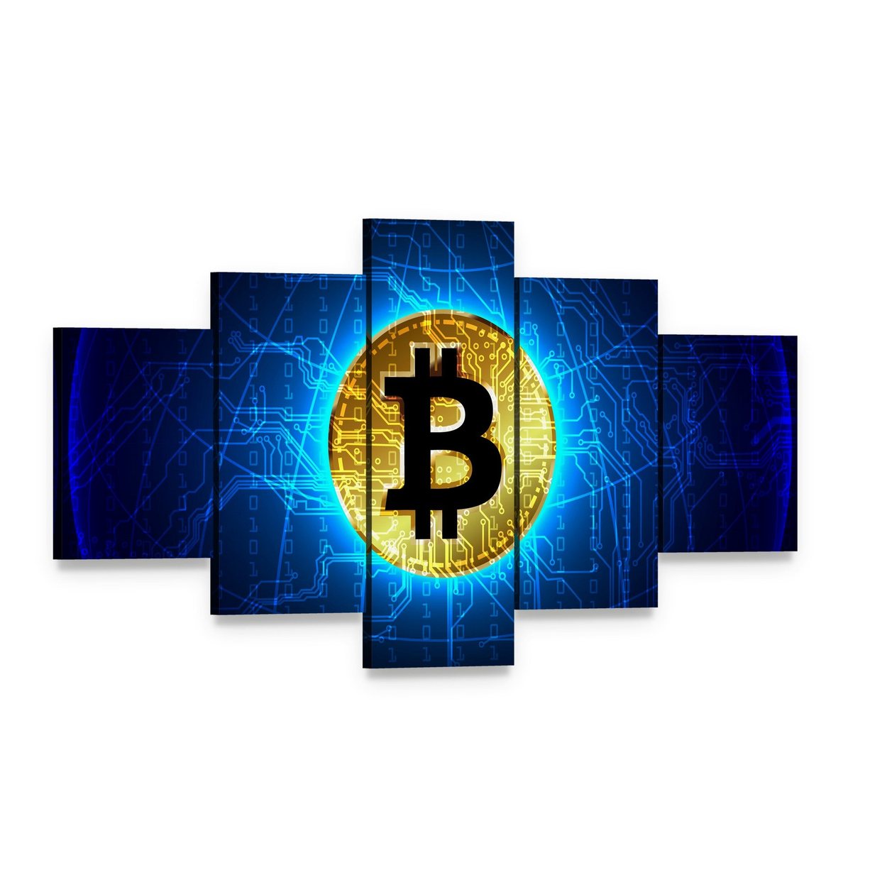 Futuristic Glowing Bitcoin Network Canvas Wall Art, 5 panel 5 Star layout gallery wrapped canvas set, angled product view