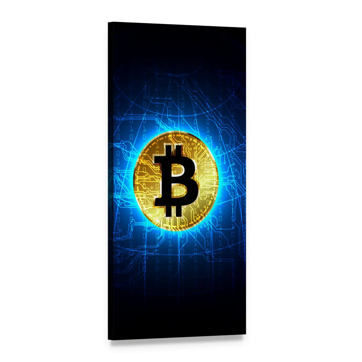 Futuristic Gold Bitcoin Vertical Canvas Wall Art, 1 panel 1 Vertical layout gallery wrapped canvas set, angled product view