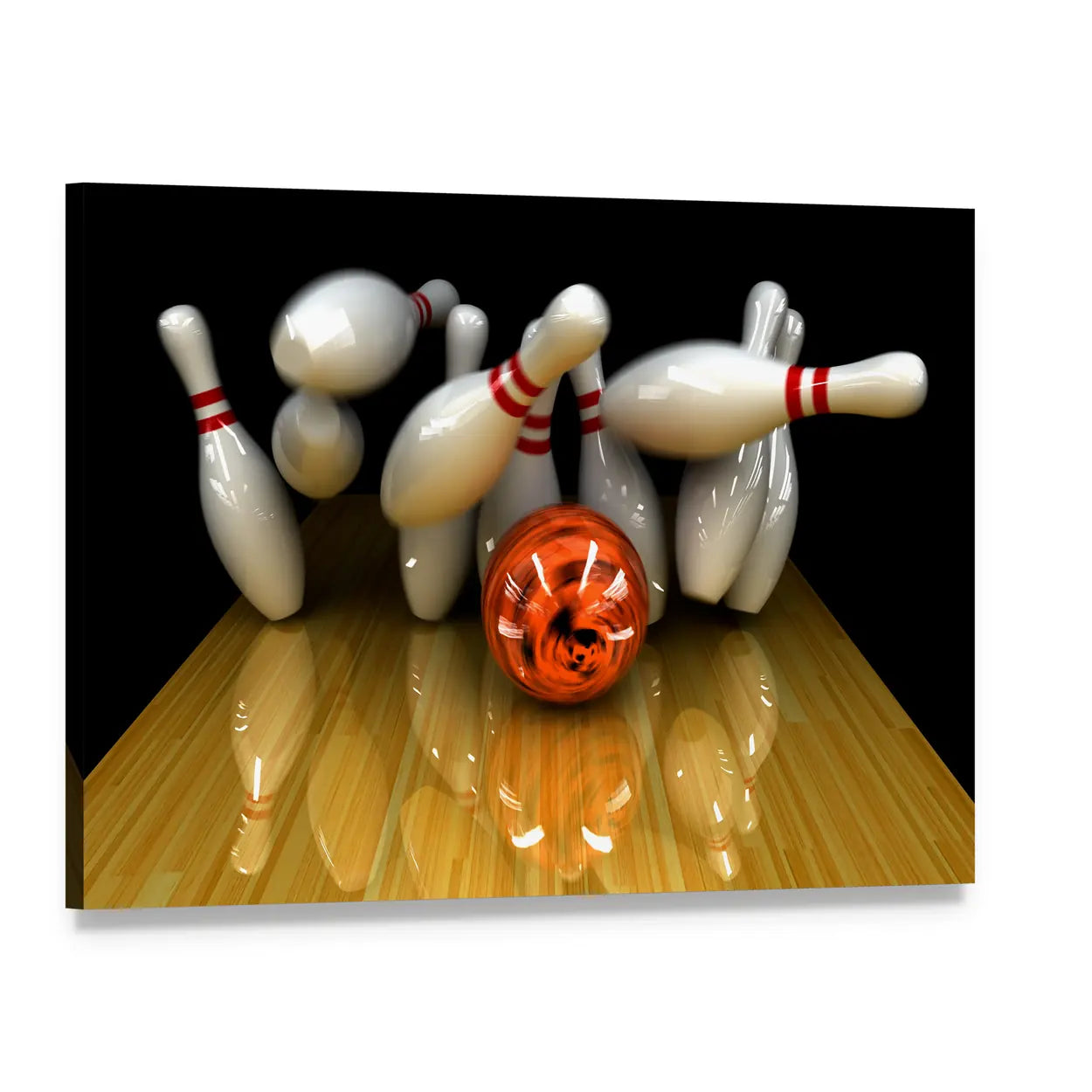 Swirling Bowling Strike Canvas Wall Art, single panel gallery wrapped canvas, angled product view