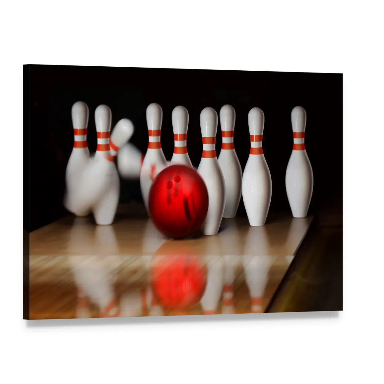 Red Bowling Ball Strike Canvas Wall Art, single panel gallery wrapped canvas, angled product view