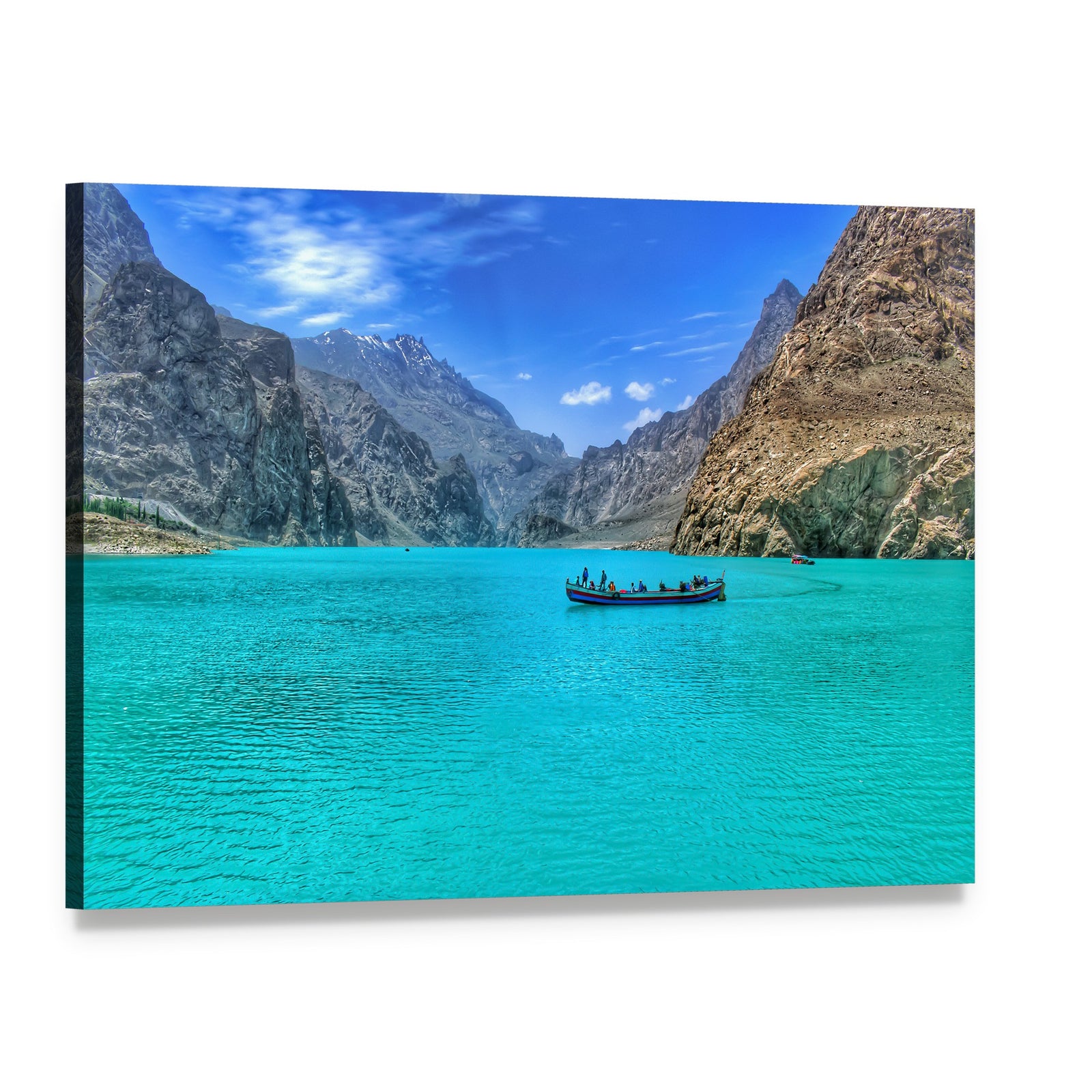 Boat on Attabad Lake Canvas Wall Art, single panel gallery wrapped canvas, angled product view