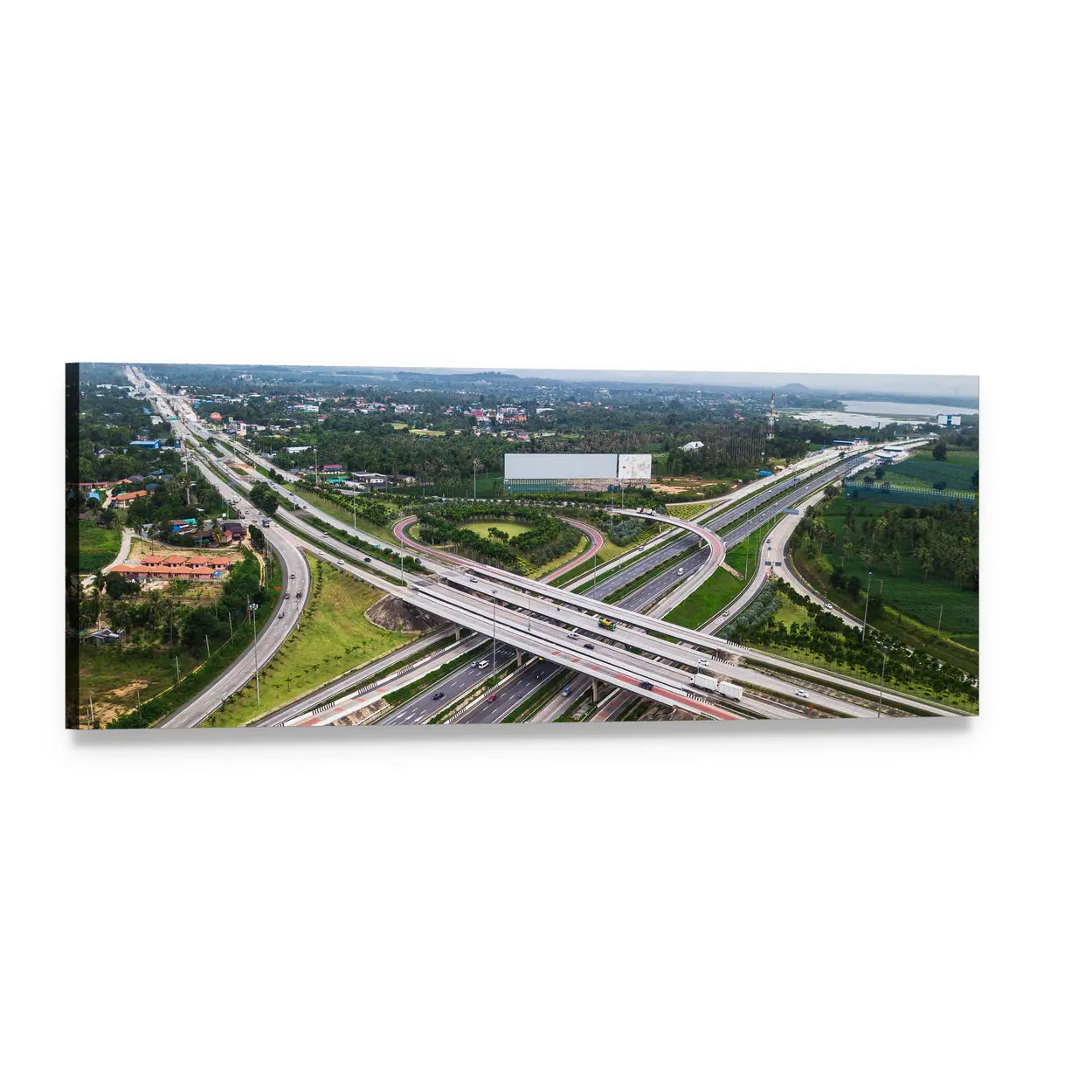 Elevated Highway Interchange Over Green Landscape Panoramic Canvas Wall Art, single panel gallery wrapped canvas, angled product view