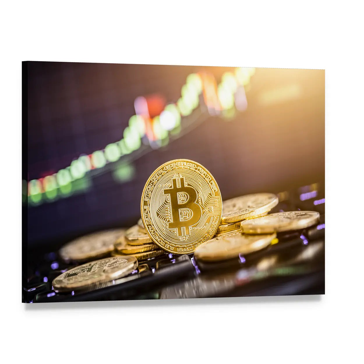 Bitcoin Gold Coin Close-up Canvas Wall Art, single panel gallery wrapped canvas, angled product view