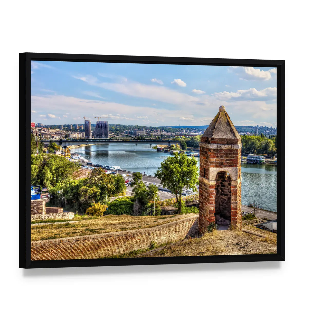 Brick Watchtower at Kalemegdan Fortress Canvas Wall Art, framed canvas in a black floater frame, angled product view