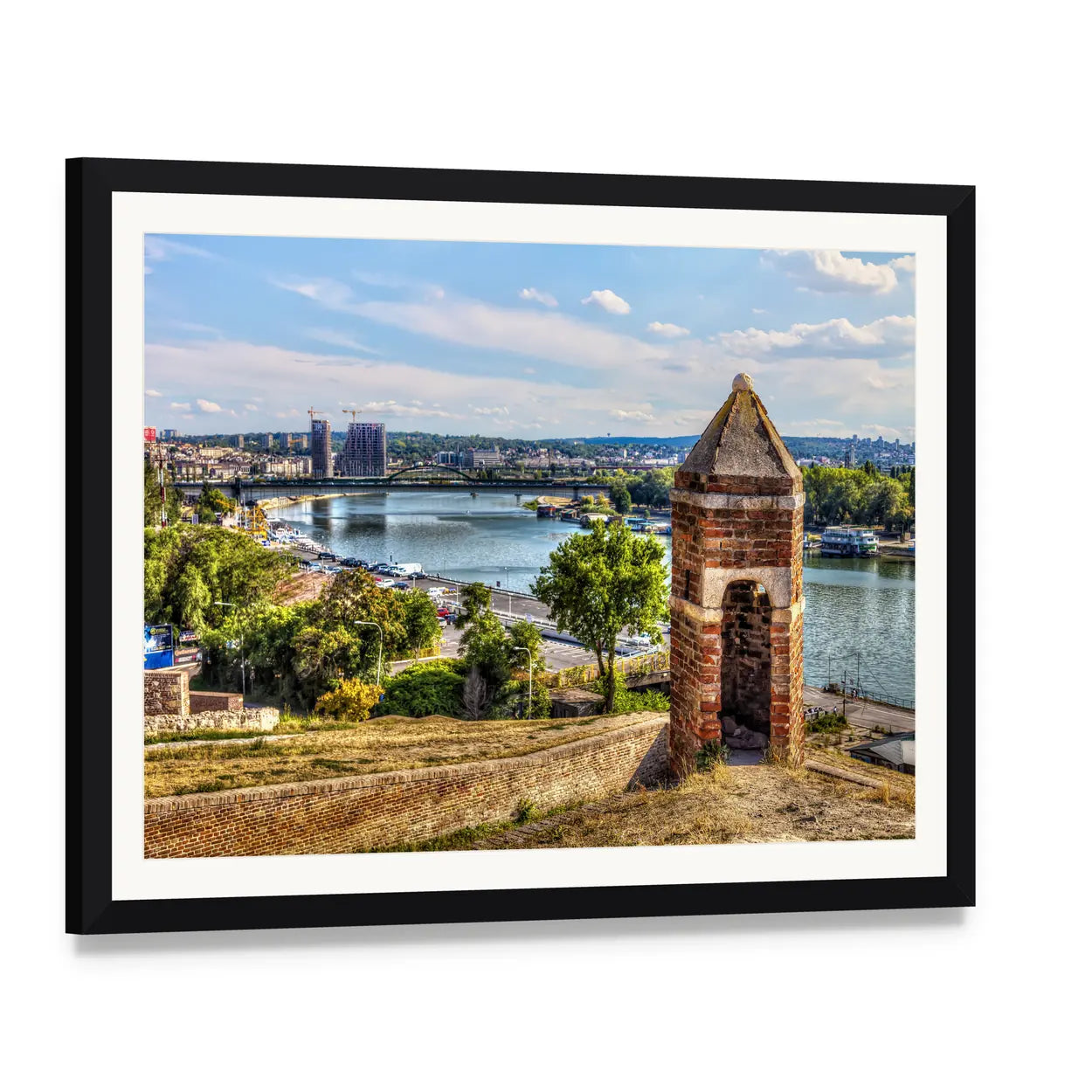 Brick Watchtower at Kalemegdan Fortress Canvas Wall Art, framed print with white mat and black frame, angled product view