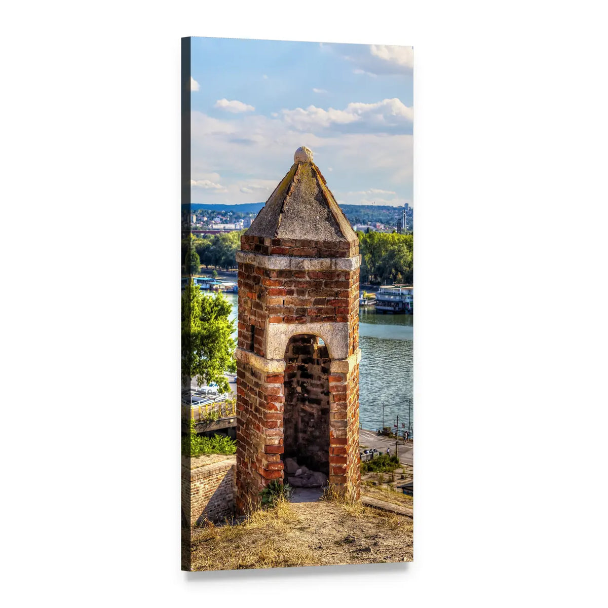 Riverfront Watchtower with City View Vertical Canvas Wall Art, 1 panel 1 Vertical layout gallery wrapped canvas set, angled product view