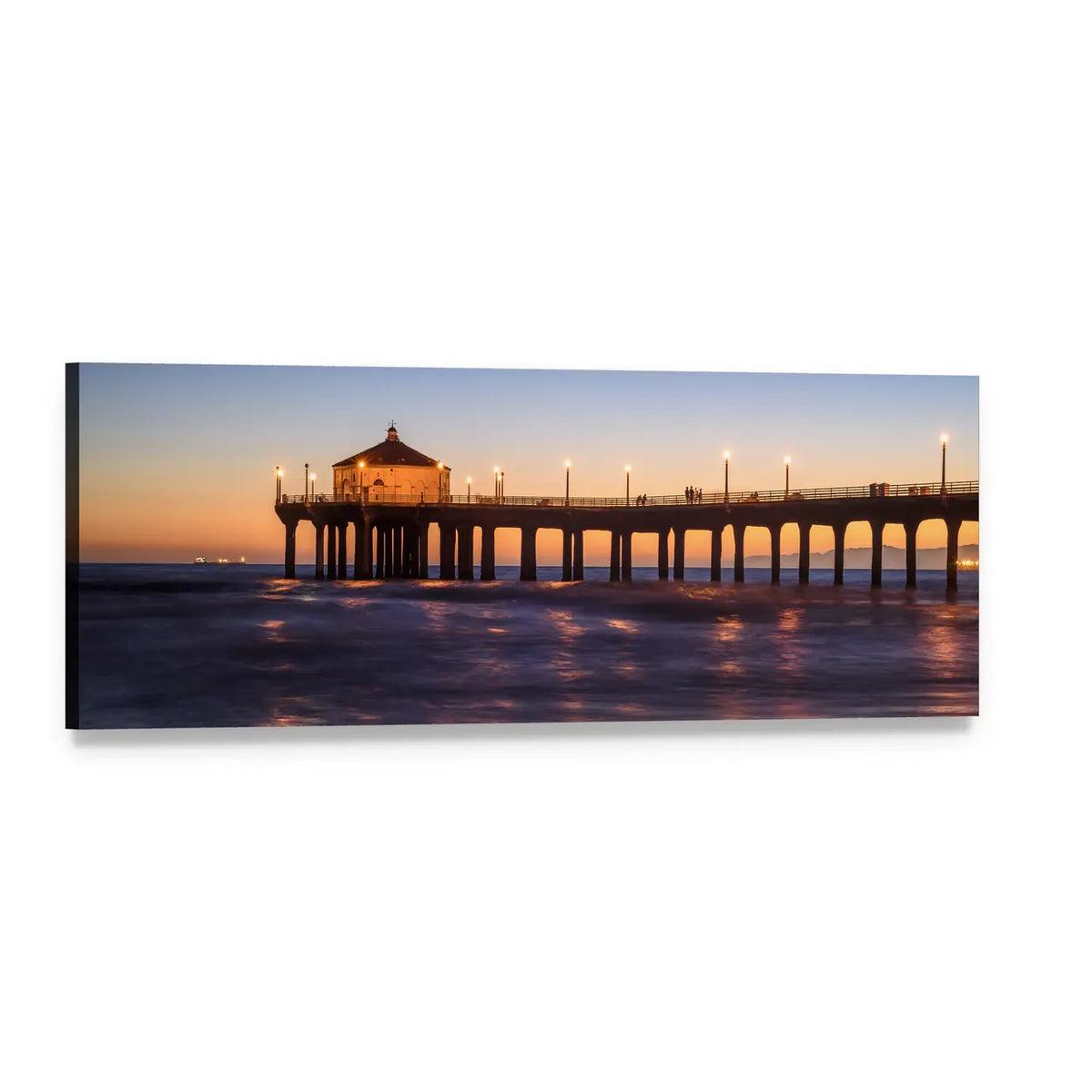 Manhattan Beach Pier at Sunset Panoramic Canvas Wall Art, single panel gallery wrapped canvas, angled product view