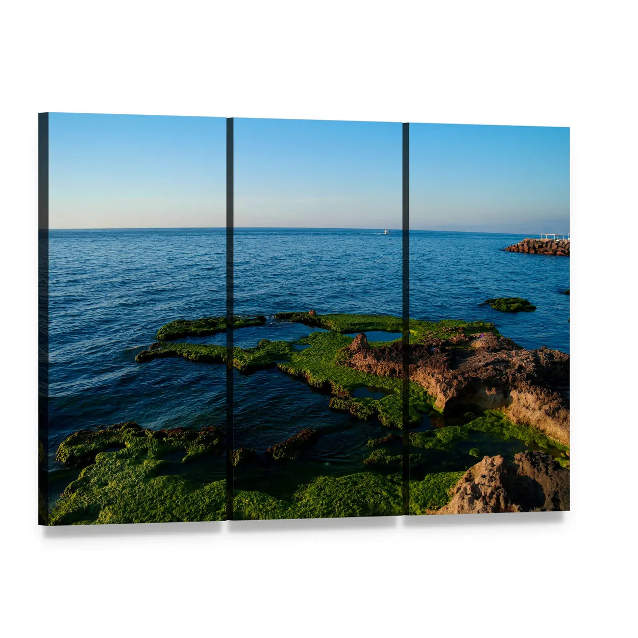 Sunset Over Sunlit Coastal Rocks Canvas Wall Art, 3 panel 3 Horizontal layout gallery wrapped canvas set, angled product view