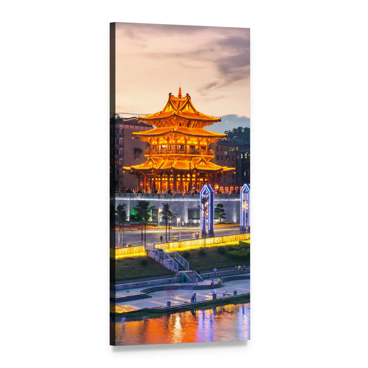 Xiaoyao Tower in Guilin at Dusk Vertical Canvas Wall Art, 1 panel 1 Vertical layout gallery wrapped canvas set, angled product view