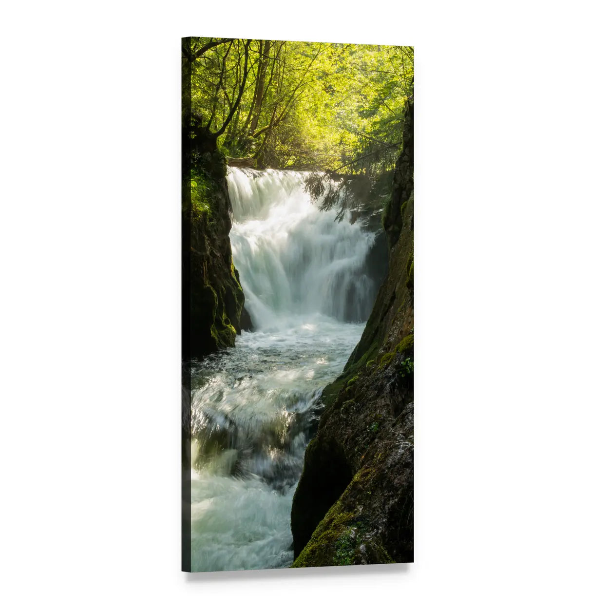 Sunlit Forest Waterfall Vertical Canvas Wall Art, 1 panel 1 Vertical layout gallery wrapped canvas set, angled product view