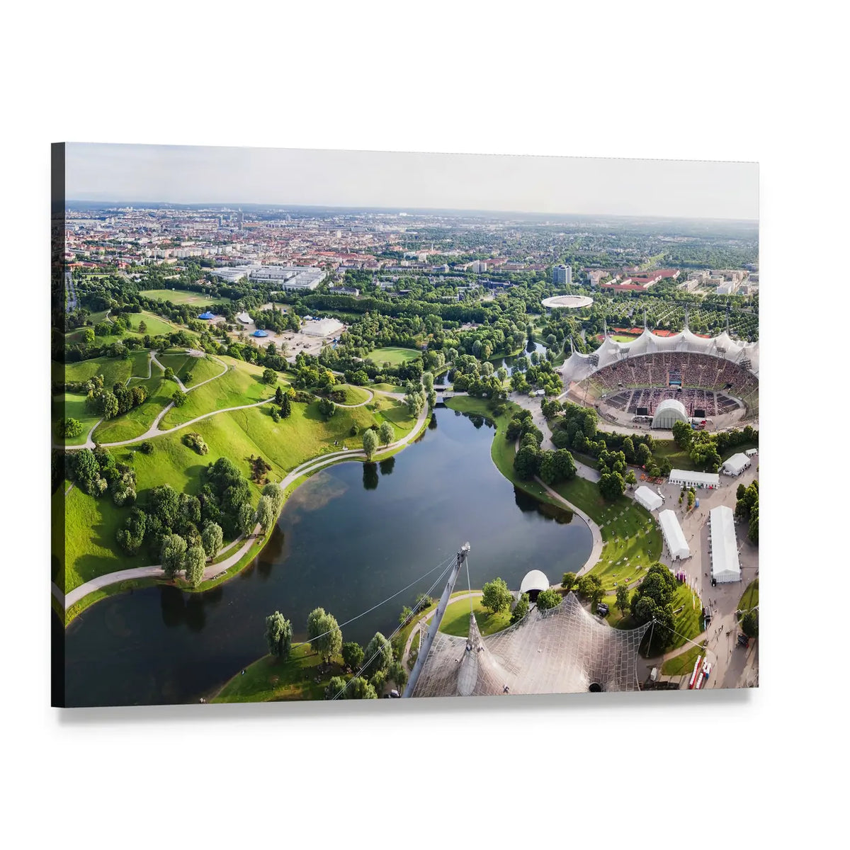 Olympic Stadium with Artificial Lake Canvas Wall Art, single panel gallery wrapped canvas, angled product view