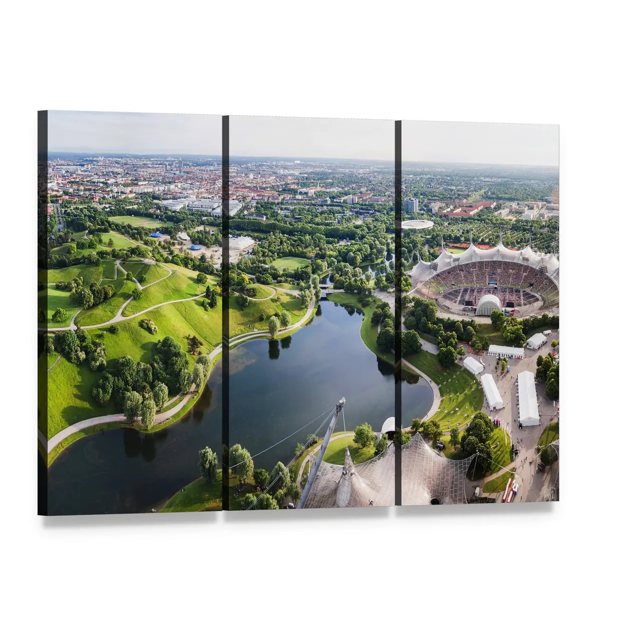 Olympic Stadium with Artificial Lake Canvas Wall Art, 3 panel 3 Horizontal layout gallery wrapped canvas set, angled product view