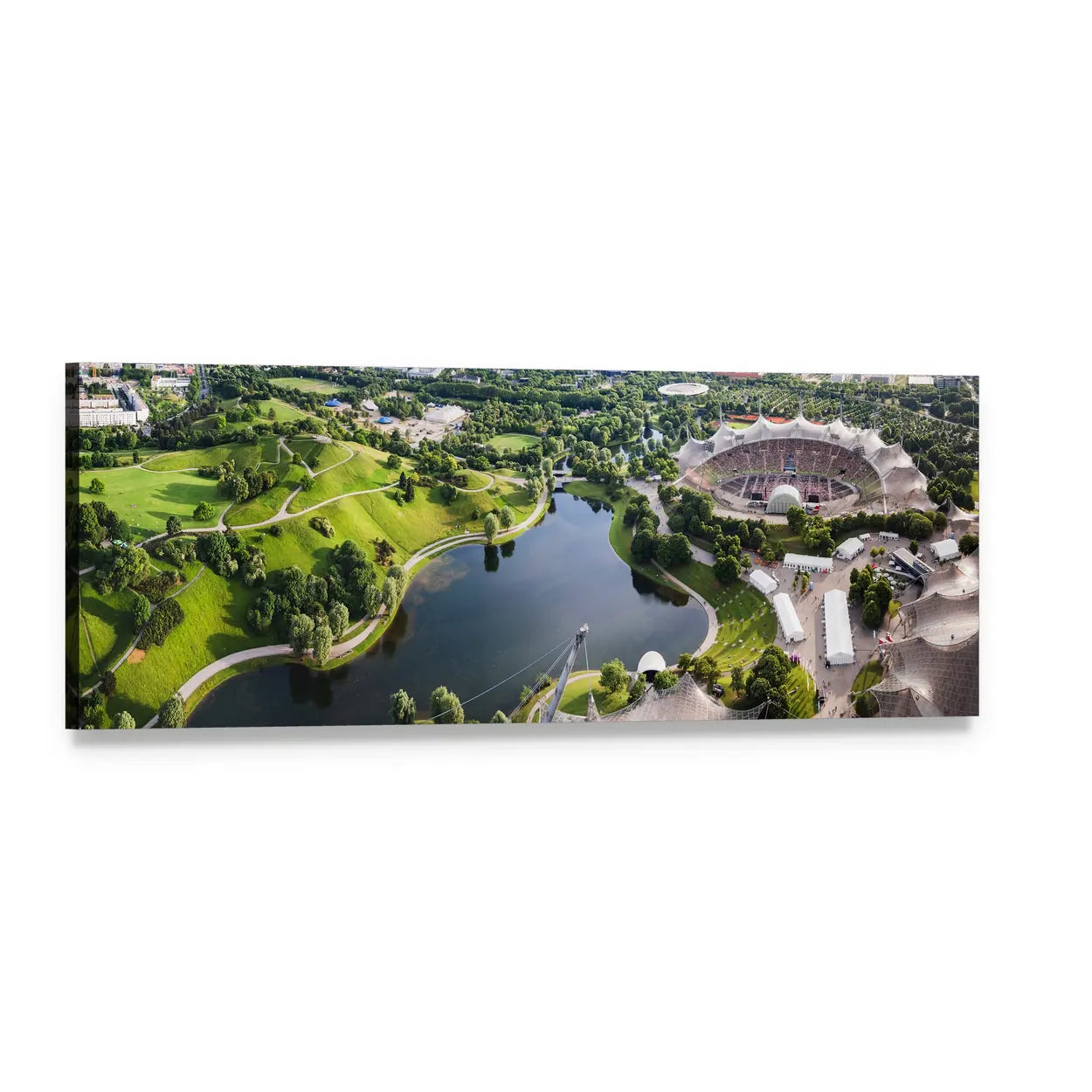 Aerial View of Stadium and Lakeside Park Panoramic Canvas Wall Art, single panel gallery wrapped canvas, angled product view
