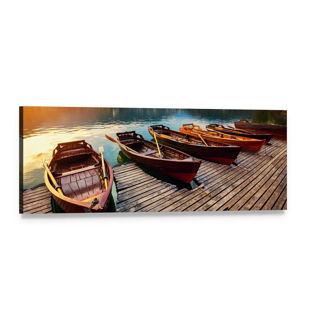 Wooden Rowboats on Calm Lake Panoramic Canvas Wall Art, single panel gallery wrapped canvas, angled product view