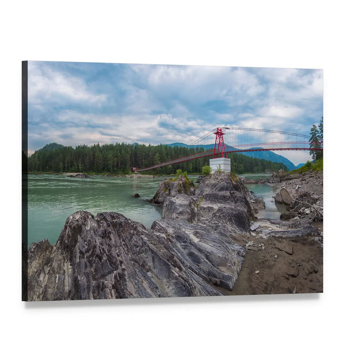 Red Suspension Bridge Over Mountain River Canvas Wall Art, single panel gallery wrapped canvas, angled product view