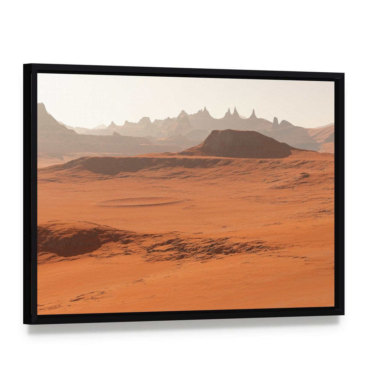 Mars Landscape Canvas Wall Art, framed canvas in a black floater frame, angled product view