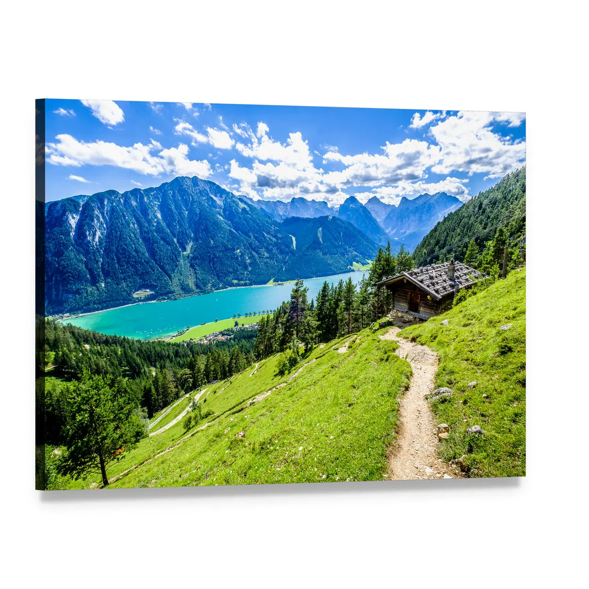 Turquoise Alpine Lake and Wooden Cabin Canvas Wall Art, single panel gallery wrapped canvas, angled product view