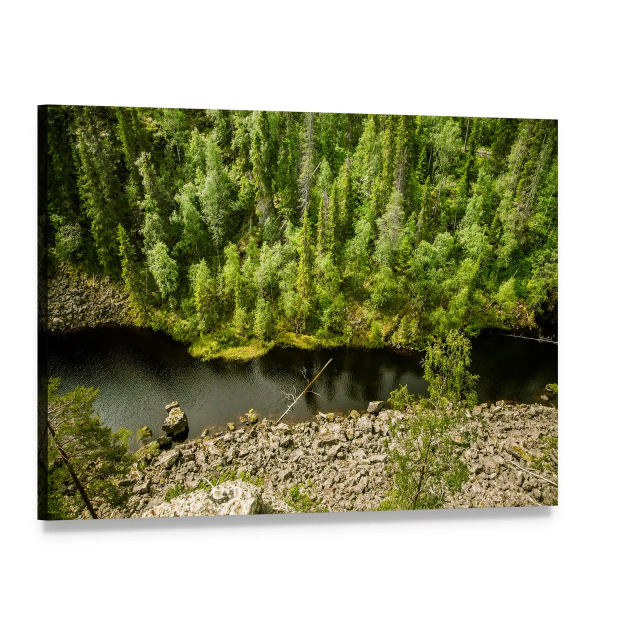 Finnish Lake with Evergreen Shoreline Canvas Wall Art, single panel gallery wrapped canvas, angled product view