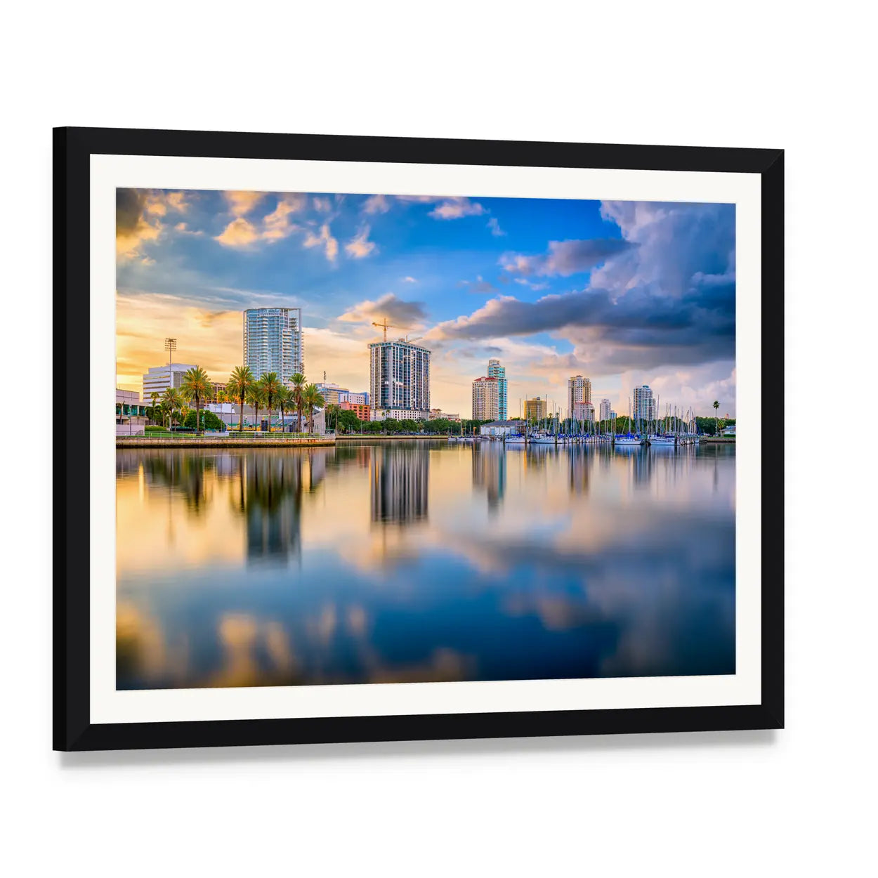 St. Petersburg Downtown Skyline Canvas Wall Art, framed print with white mat and black frame, angled product view